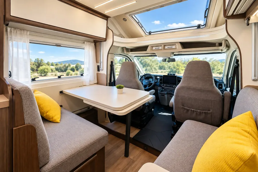 Interior de l'autocaravana: saló amb sofàs, coixins i taula, vist cap a la cabina