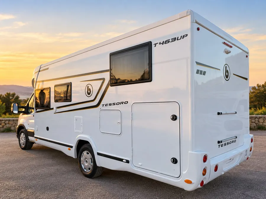 La autocaravana NaturGo junto a la costa al atardecer