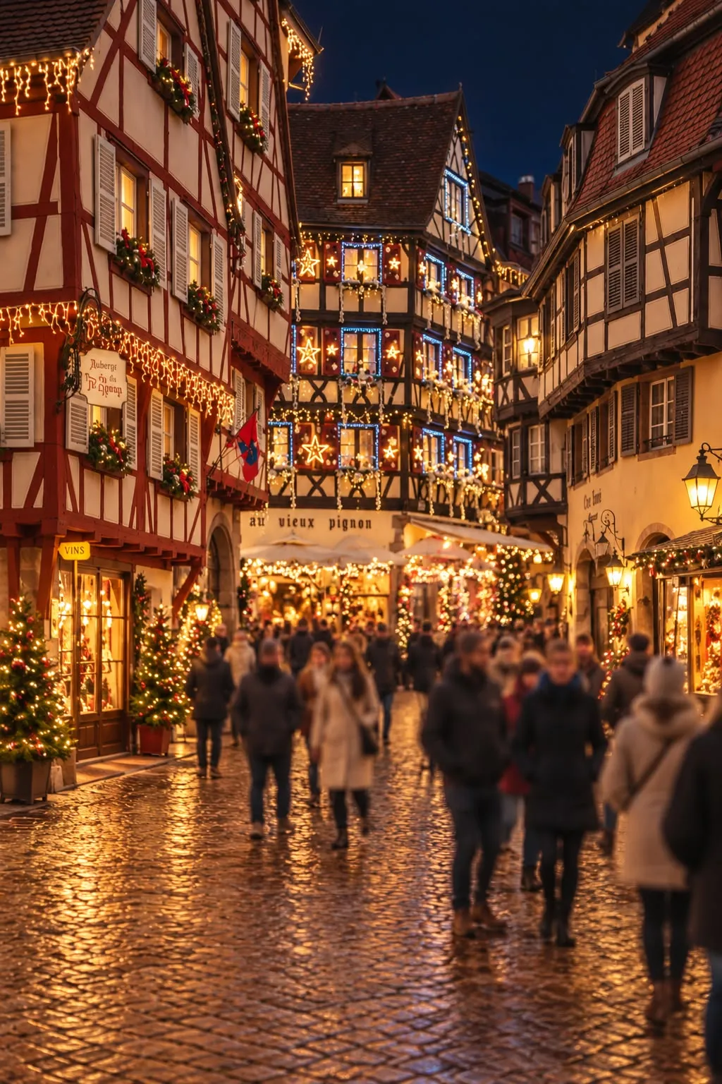 Calle del casco antiguo de Colmar al anochecer, con la casa Au Vieux Pignon iluminada por Navidad
