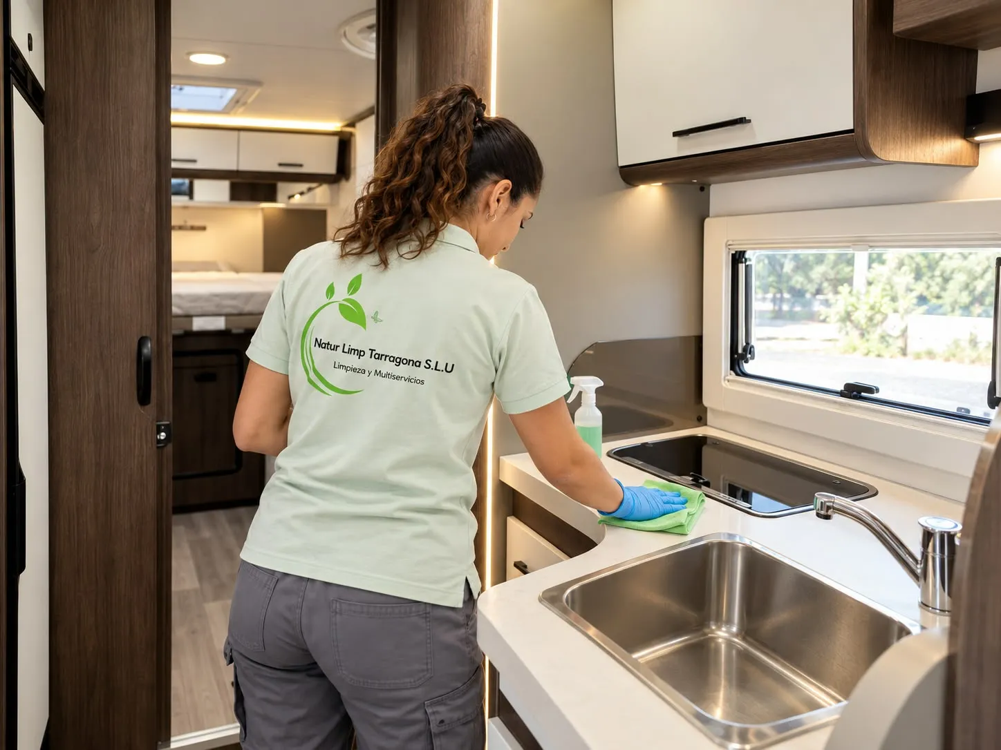 Empleada de Natur Limp netejant l’encimera i la pica de la cuina de l’autocaravana