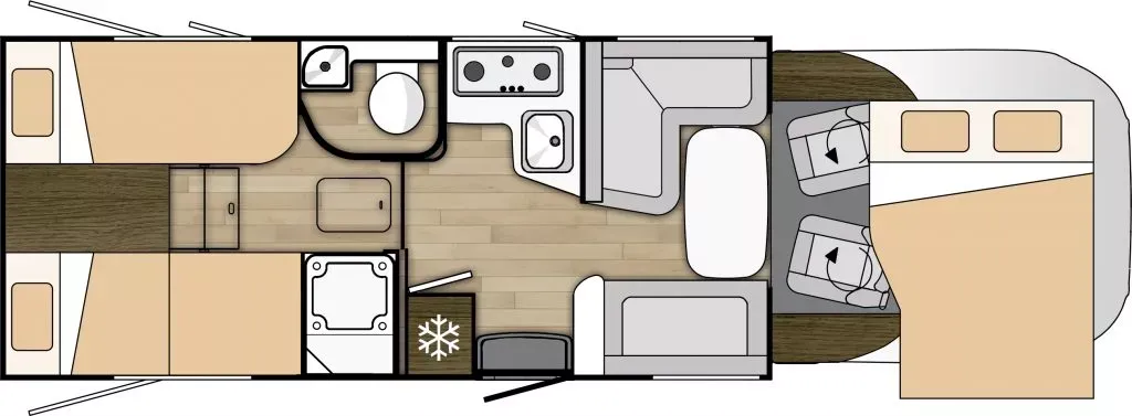 Plànol de l'autocaravana vist des de dalt: cabina amb seients giratoris, sala-cuina amb nevera i bany amb dutxa, llits bessons a la part del darrere i llit basculant sobre la cabina.