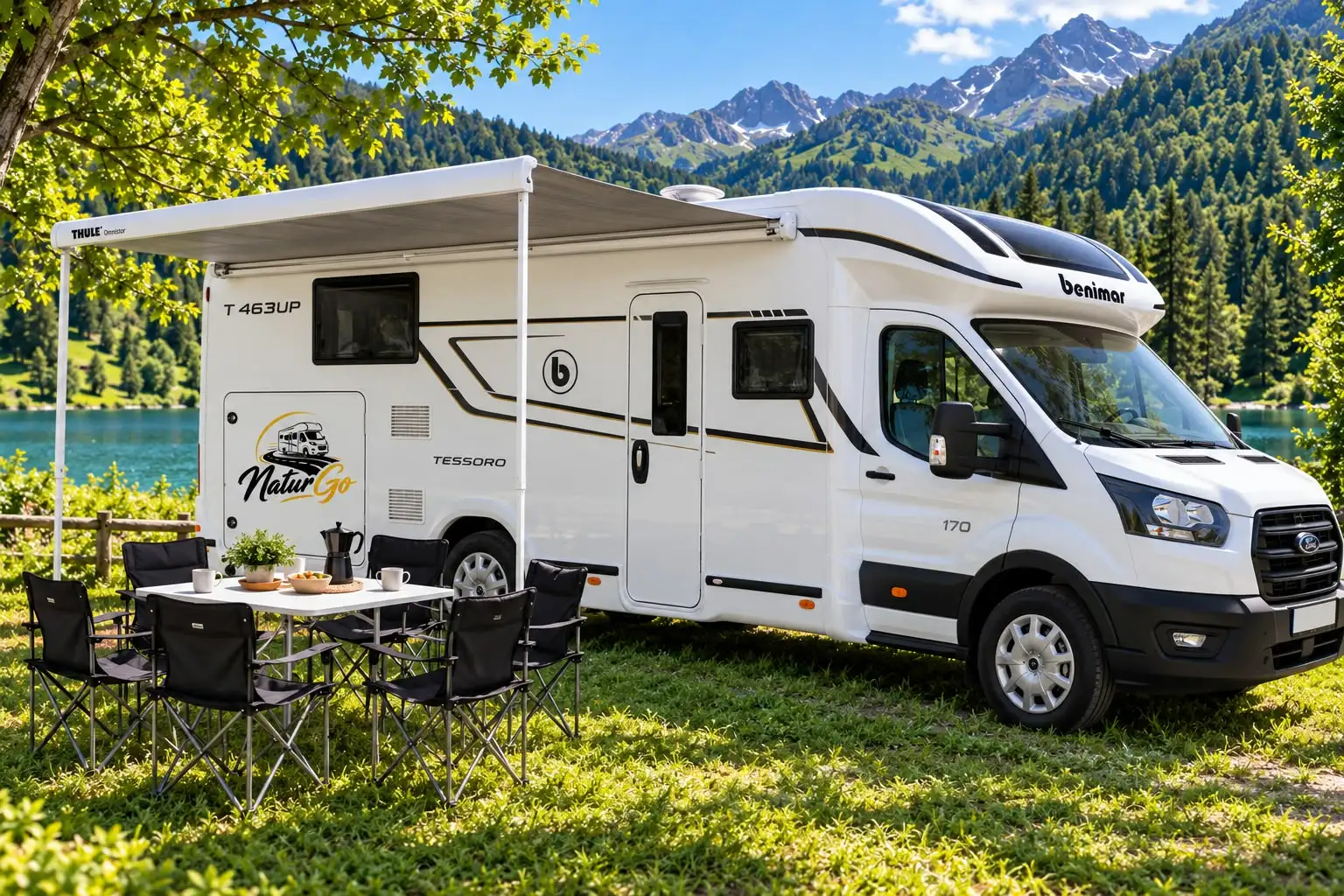 Autocaravana NaturGo vora un llac envoltat de bosc