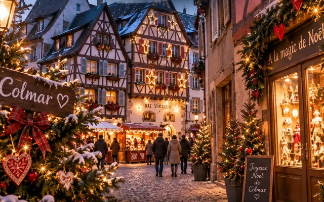 Calle del casco antiguo de Colmar decorada e iluminada durante el mercado de Navidad