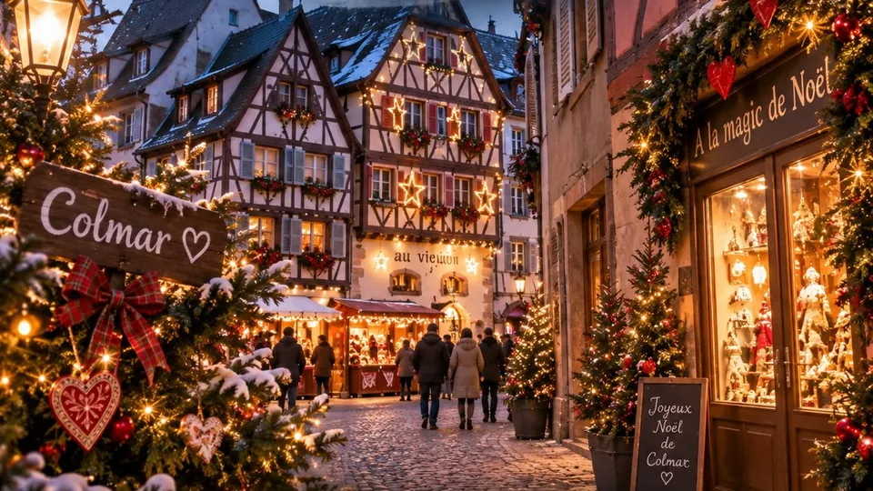 Calle del casco antiguo de Colmar decorada e iluminada durante el mercado de Navidad