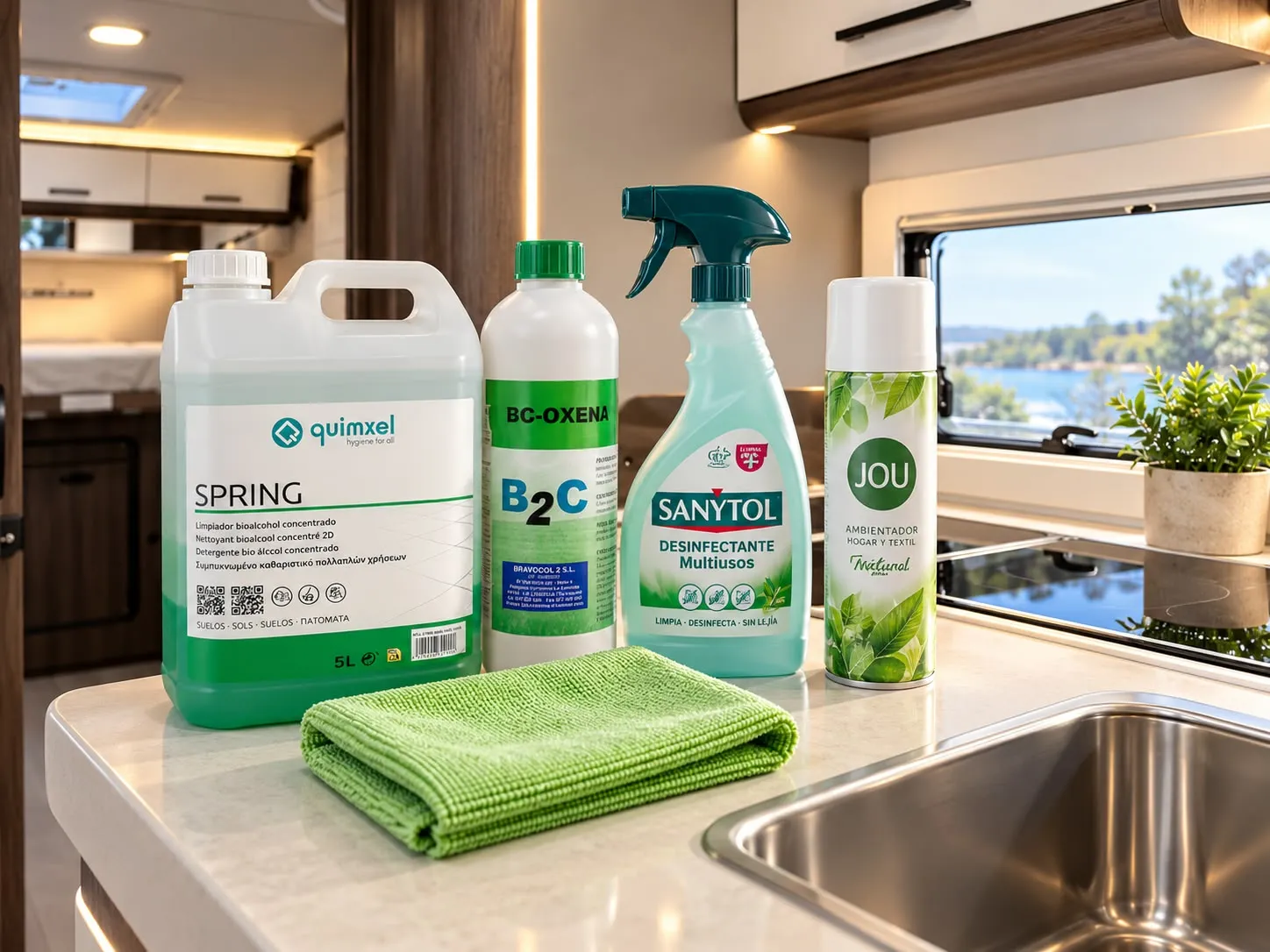 Productes de neteja ecològics i bioalcohol sobre l’encimera de l’autocaravana, a punt per fer-los servir