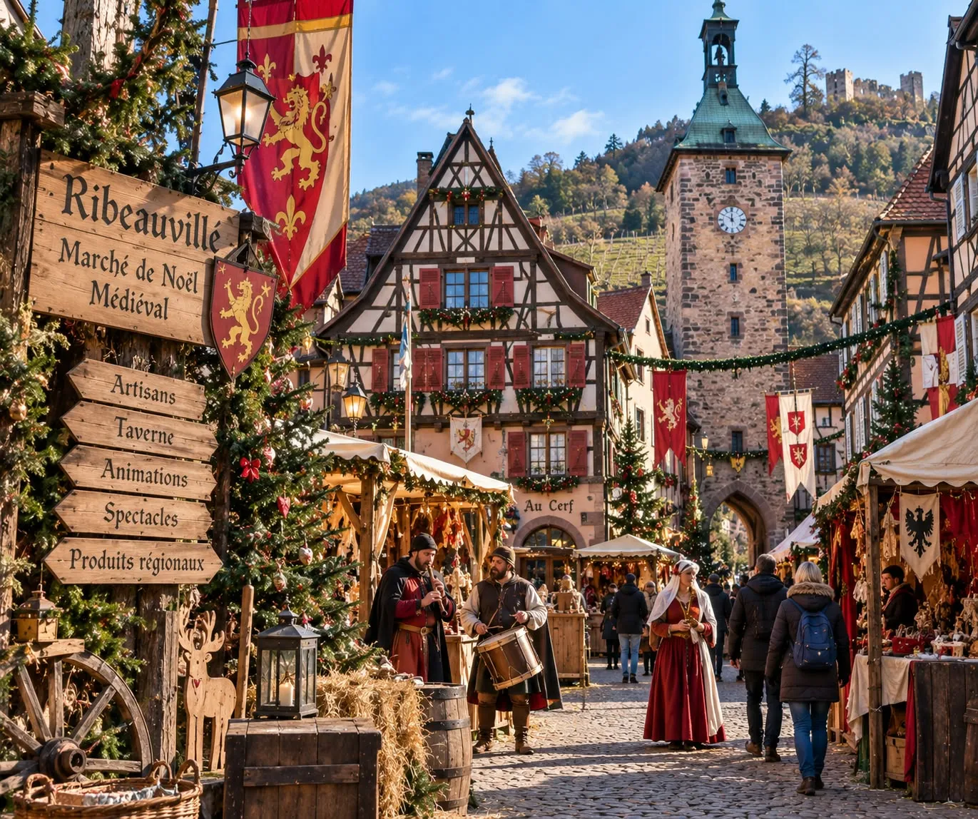 Mercado de Navidad Medieval de Ribeauvillé con personajes de época, banderas y puestos de artesanos