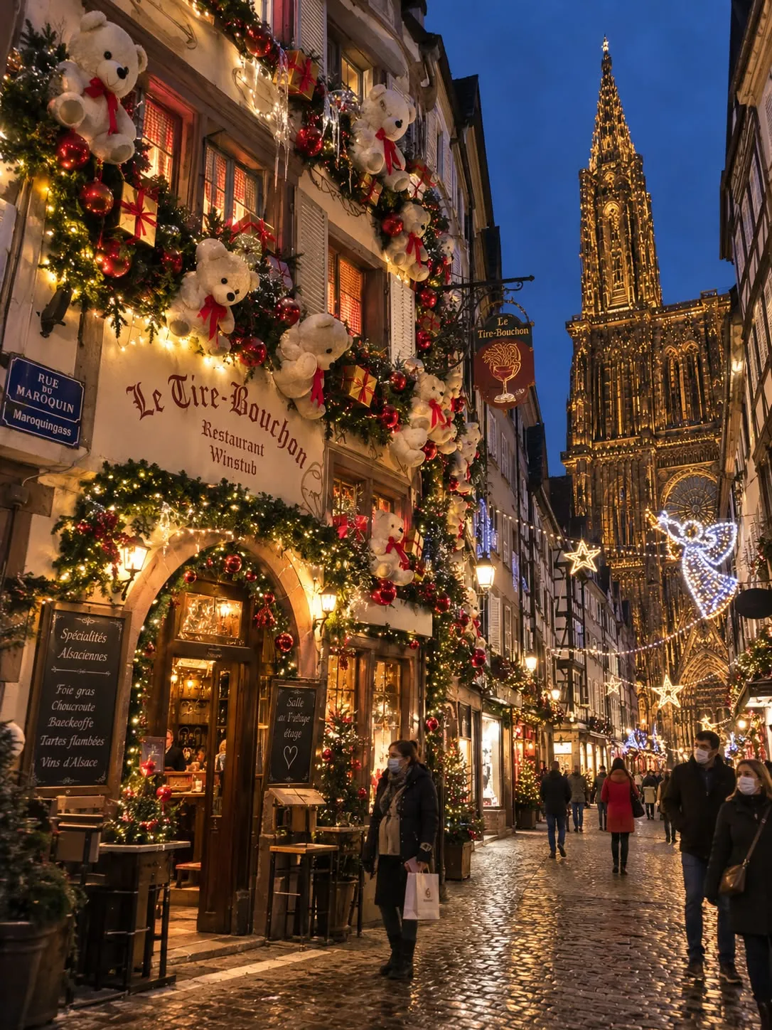 Calle de Estrasburgo decorada por Navidad con la flecha de la catedral iluminada al fondo